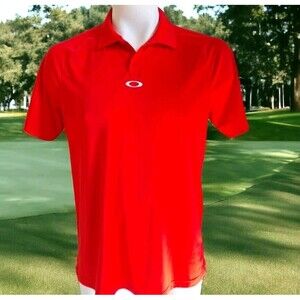 Oakley Strawberry Red Short Sleeve Polo Golf Shirt W White Trim Men's Size LG EC